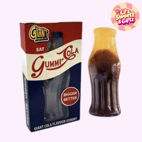 Gummi Cola gummy candy with packaging and 'LJ's Sweetz & Giftz' branding.