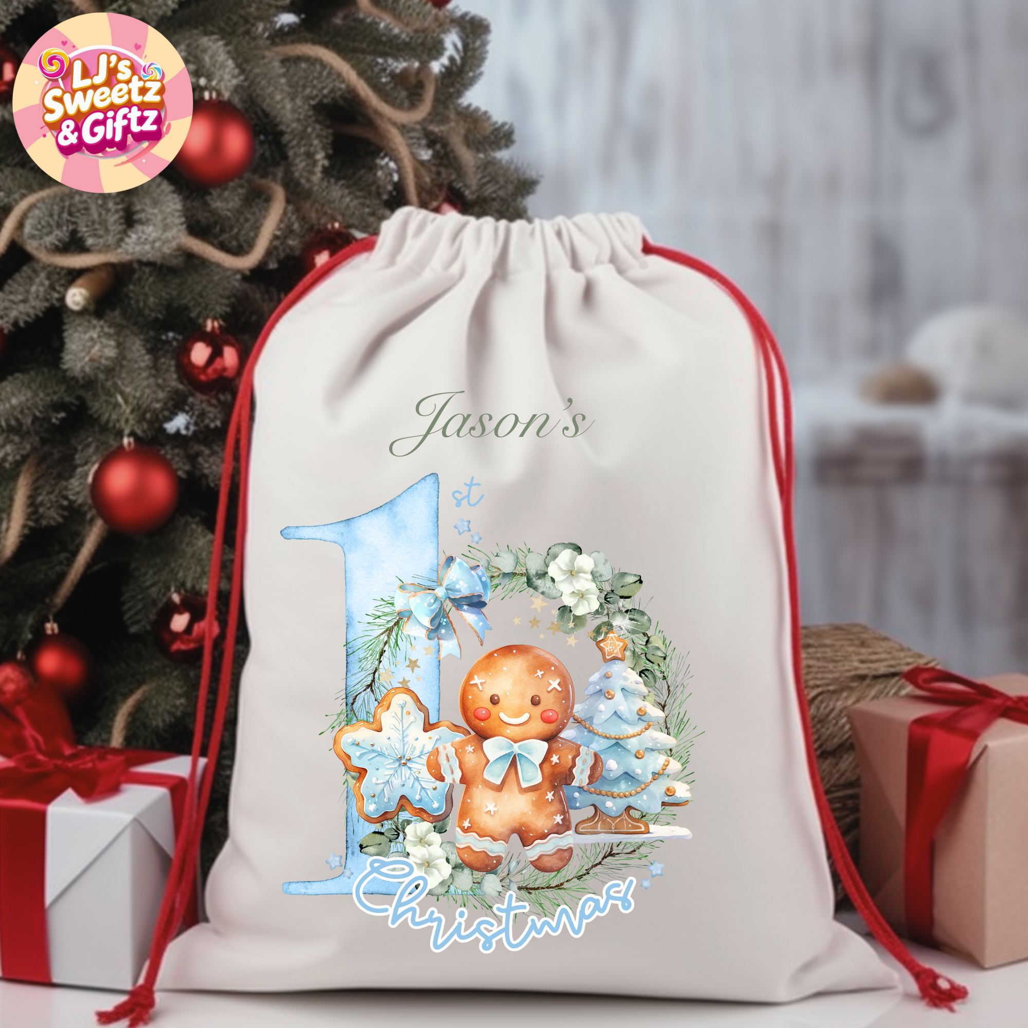 Personalized drawstring bag with 'Jason's 1st Christmas' design in front of a decorated Christmas tree.