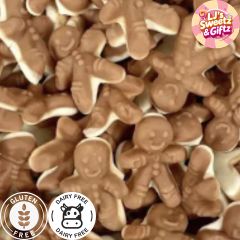  gingerbread men with 'LJ's Sweetz & Giftz' branding and gluten-free and dairy-free labels.