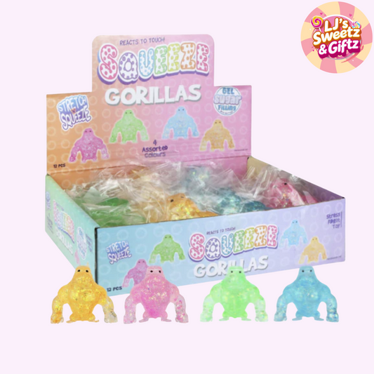 Box of Squeeze Gorillas toys with colorful packaging and toy figures.