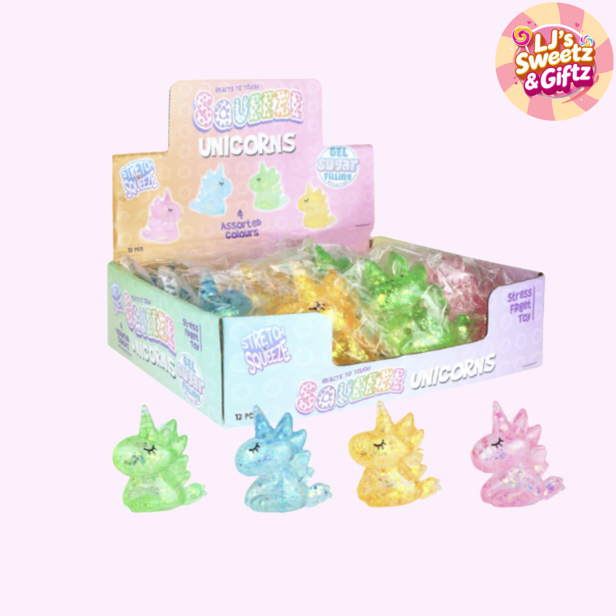 Box of colorful gel candy unicorns with packaging on a white background