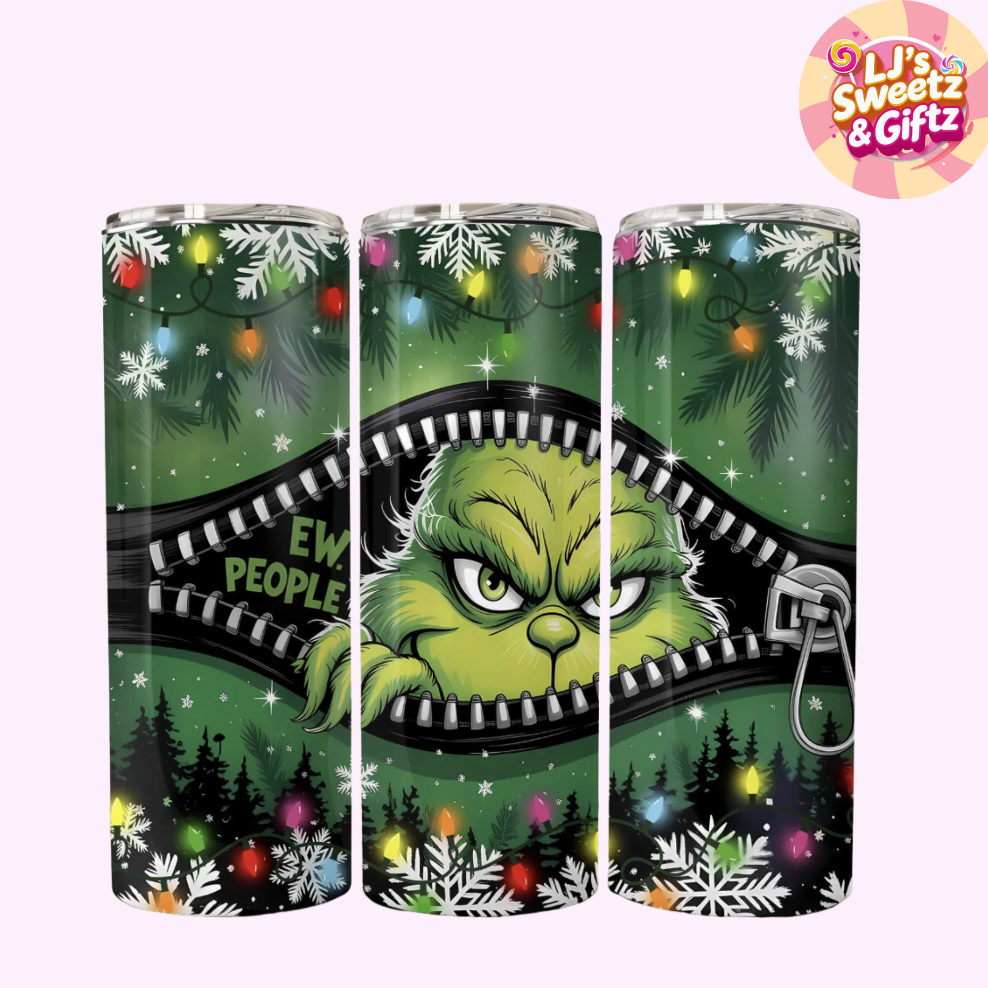 Three green tumblers with Grinch design and Christmas elements, featuring 'LJ's Sweetz & Giftz' logo.