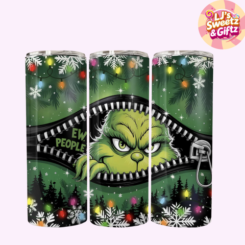 Three green tumblers with Grinch design and Christmas elements, featuring 'LJ's Sweetz & Giftz' logo.