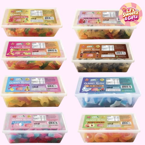 Multiple containers of 'Gummy Rush' gummy bears with colourful labels on a pink background. Ljs sweetz giftz Gummy Rush