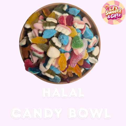 Assorted colorful candies in a bowl with 'LJ's Sweetz & Giftz' branding on a light pink background.