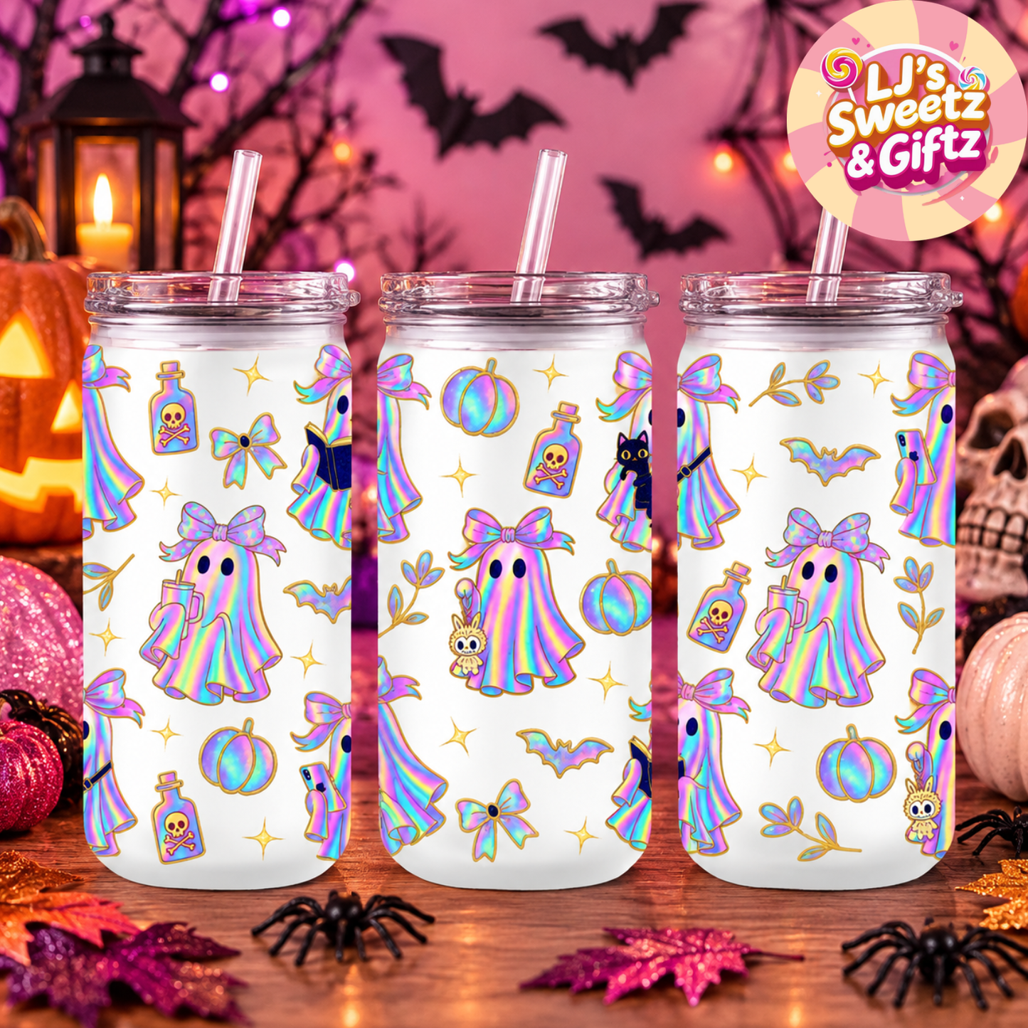 Halloween Iridescent Ghost Plastic Libby Cup and Straw