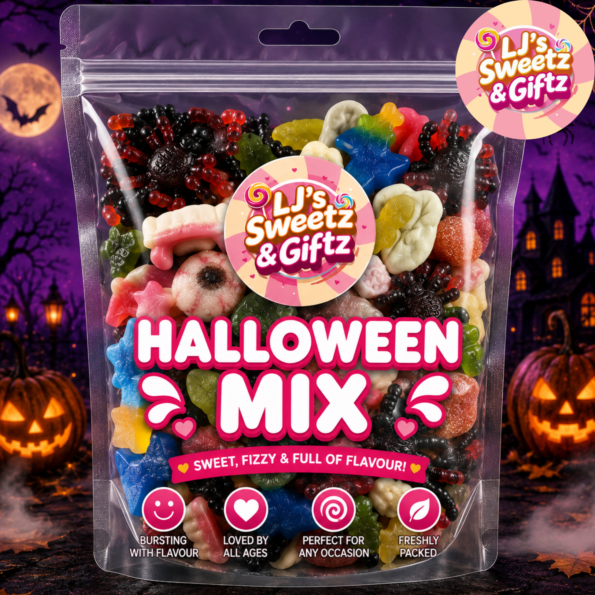 A clear plastic bag of Li's Sweetz & Giftz Halloween Mix candy, filled with assorted colorful gummy sweets, set against a spooky Halloween background with pumpkins and a haunted house.