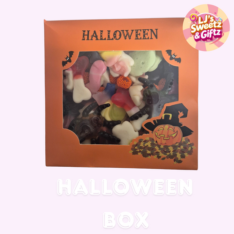 Halloween-themed candy box with assorted candies and 'LJ's Sweetz & Gifz' branding.