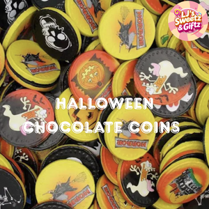 Halloween-themed chocolate coins with various designs and 'LJ's Sweetz & Gifz' branding.