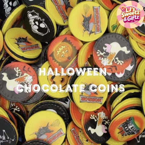 Halloween-themed chocolate coins with various designs and 'LJ's Sweetz & Gifz' branding.