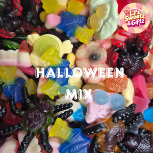 Assorted Halloween-themed gummy candies with 'LJ's Sweetz & Gifz' branding.