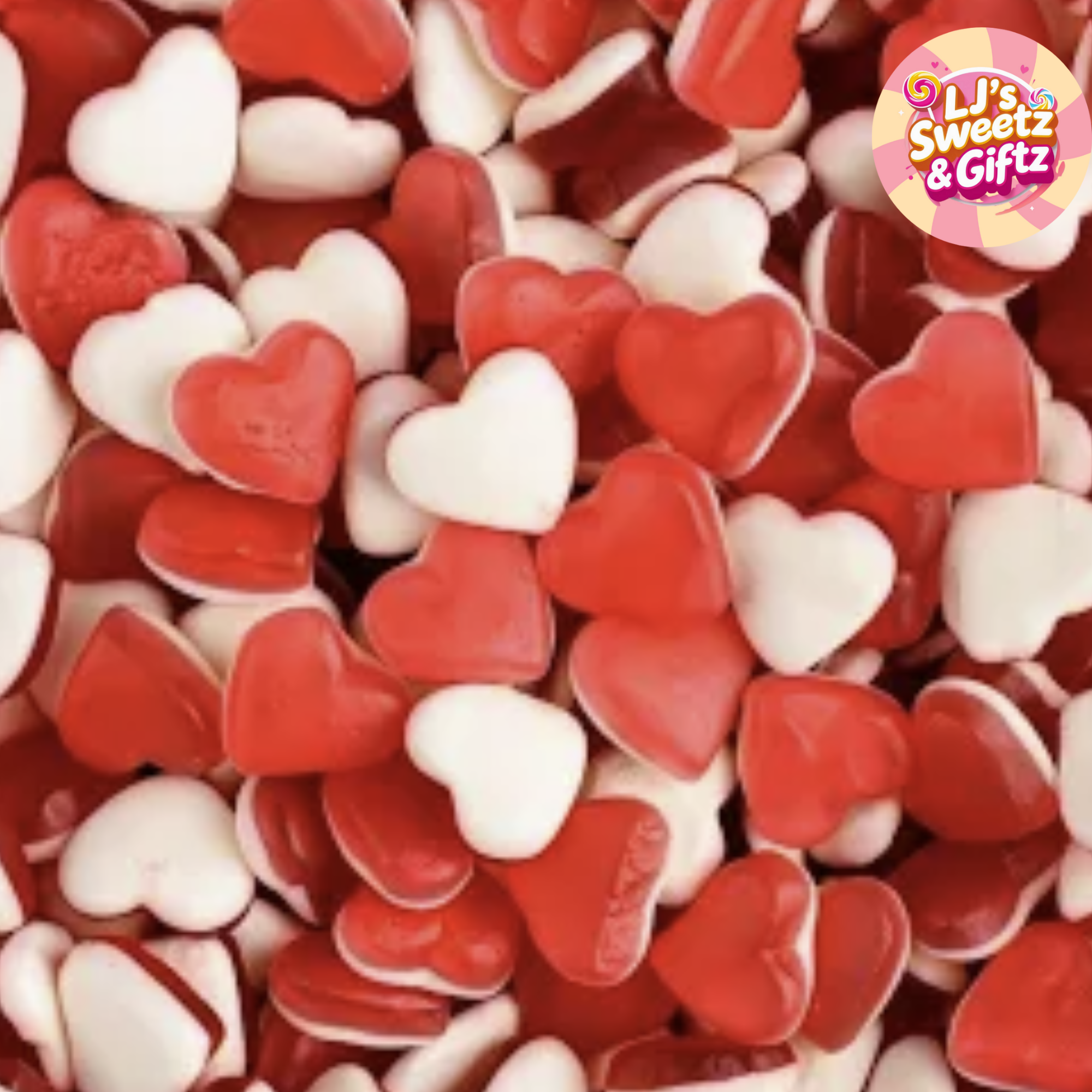 Red and white heart-shaped candies with 'LJ's Sweetz & Giftz' logo.