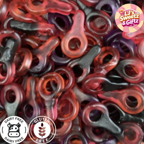 Assorted red, black, and purple gummy worms with 'LJ's Sweetz & Gizz' branding.
