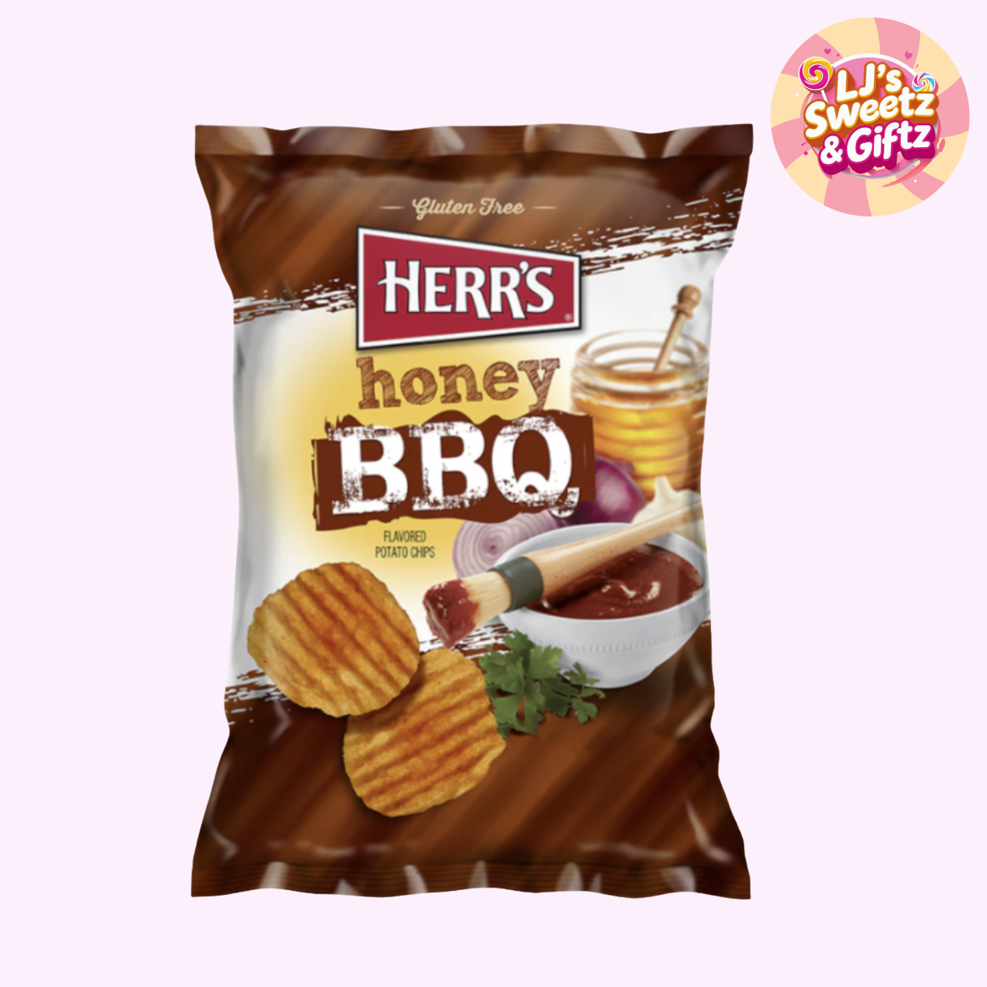 Herr's honey BBQ flavored potato chips packaging on a white background