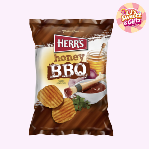 Herr's honey BBQ flavored potato chips packaging on a white background