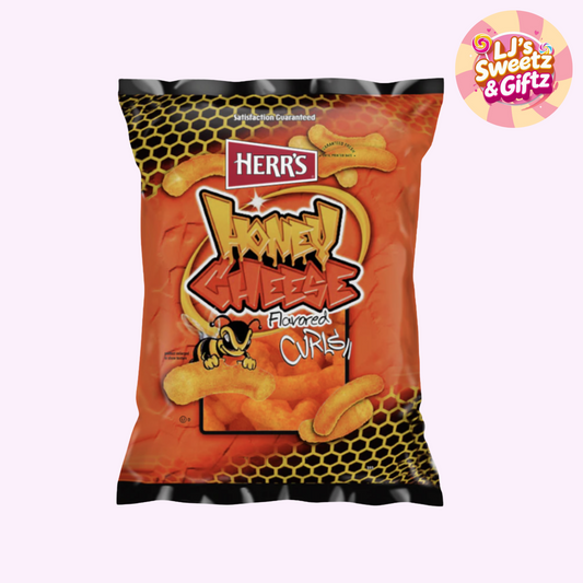 Herr's Honey Cheese flavored curly chips packaging on a white background with 'LJ's Sweet & Giftz' logo.