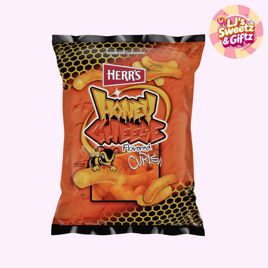 Herr's Honey Cheese flavored curly fries packaging on a white background with 'LJ's Sweet & Giftz' logo.