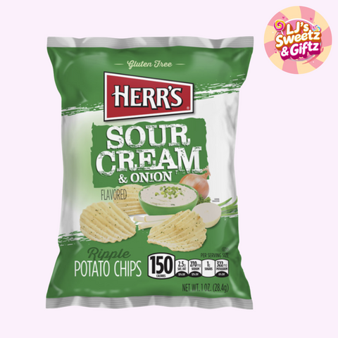 Green bag of Herr's Sour Cream & Onion flavored potato chips on a white background