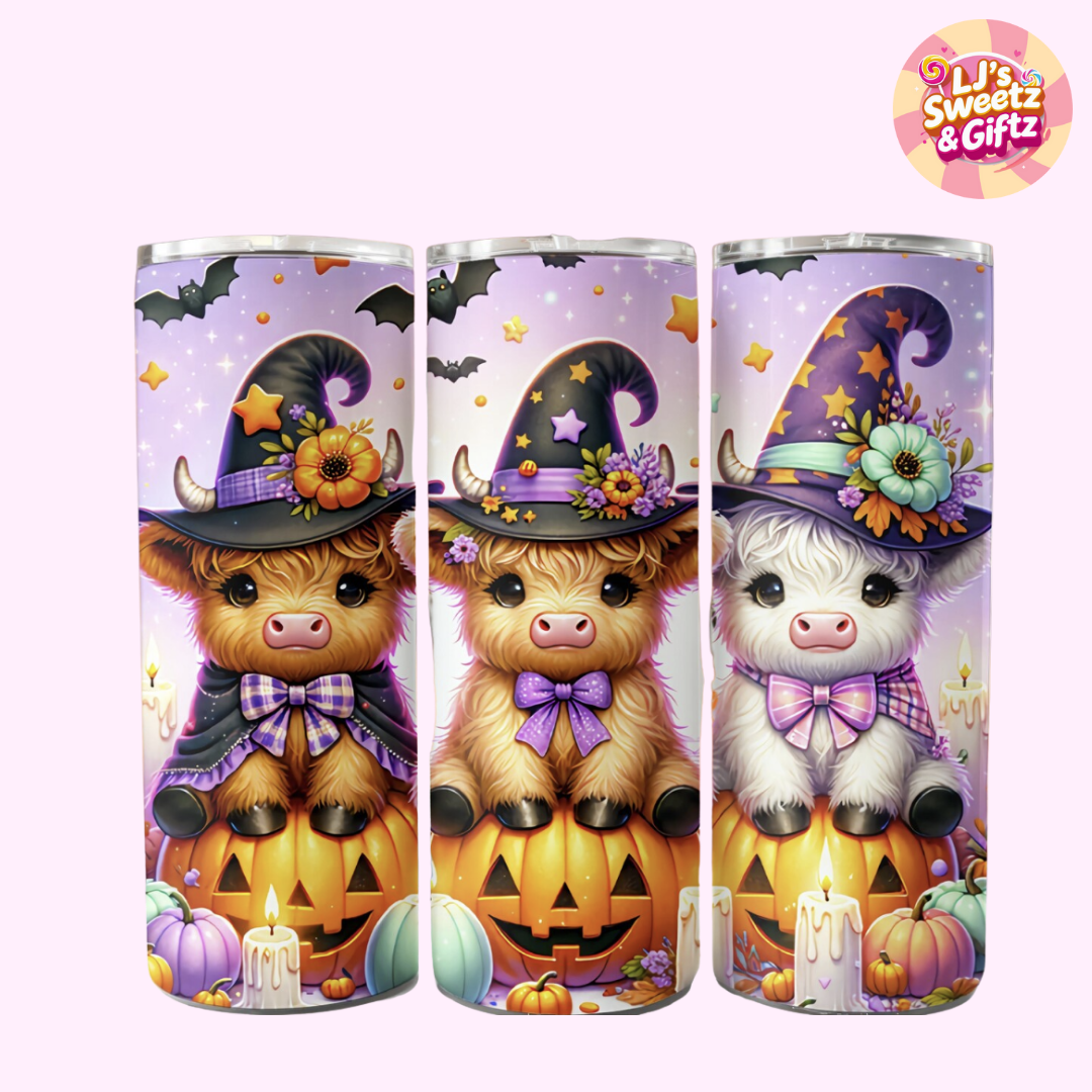 Three Halloween-themed tumblers with cartoon animals wearing witch hats on a purple background.