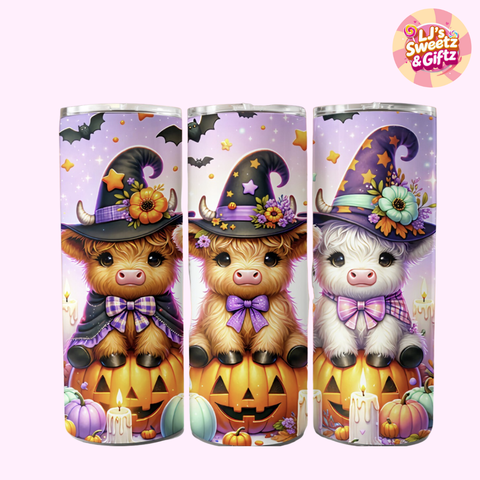 Three Halloween-themed tumblers with cartoon animals wearing witch hats on a purple background.