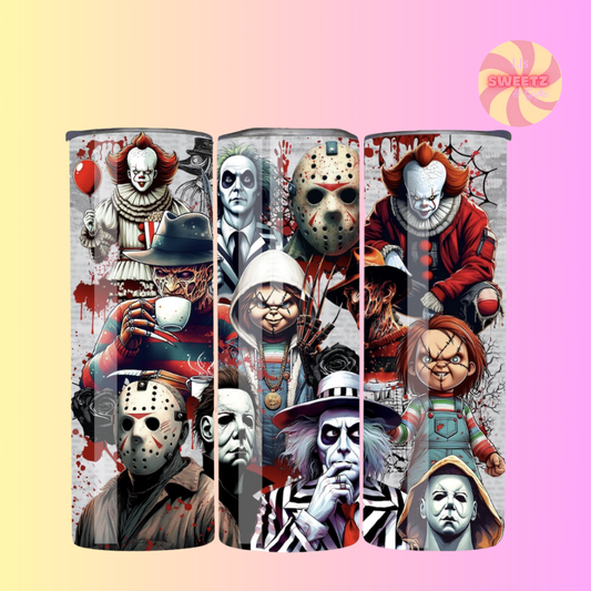 Collection of tumbler designs featuring various horror movie characters on a pink and yellow gradient background.