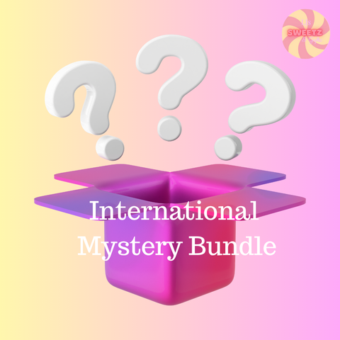 Purple box with question marks and 'International Mystery Bundle' text on a gradient background with 'SWEETZ' logo.