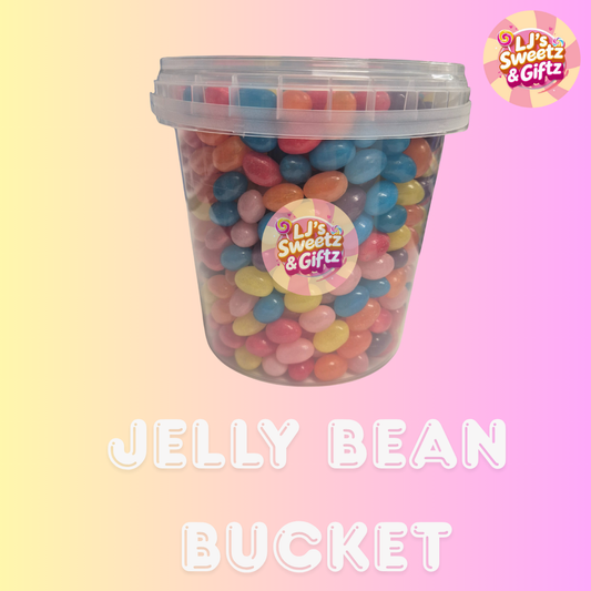 Jelly bean bucket with colorful jelly beans on a gradient background, featuring 'LJ's Sweetz & Giftz' branding.