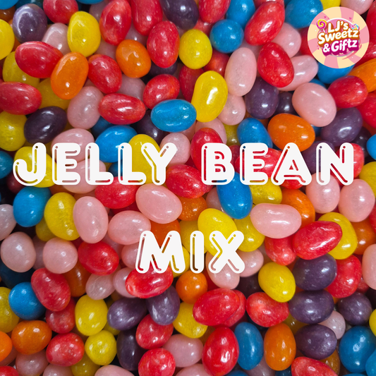 Colorful jelly bean mix with 'Jelly Bean Mix' text and a brand logo. LJs Sweetz Giftz