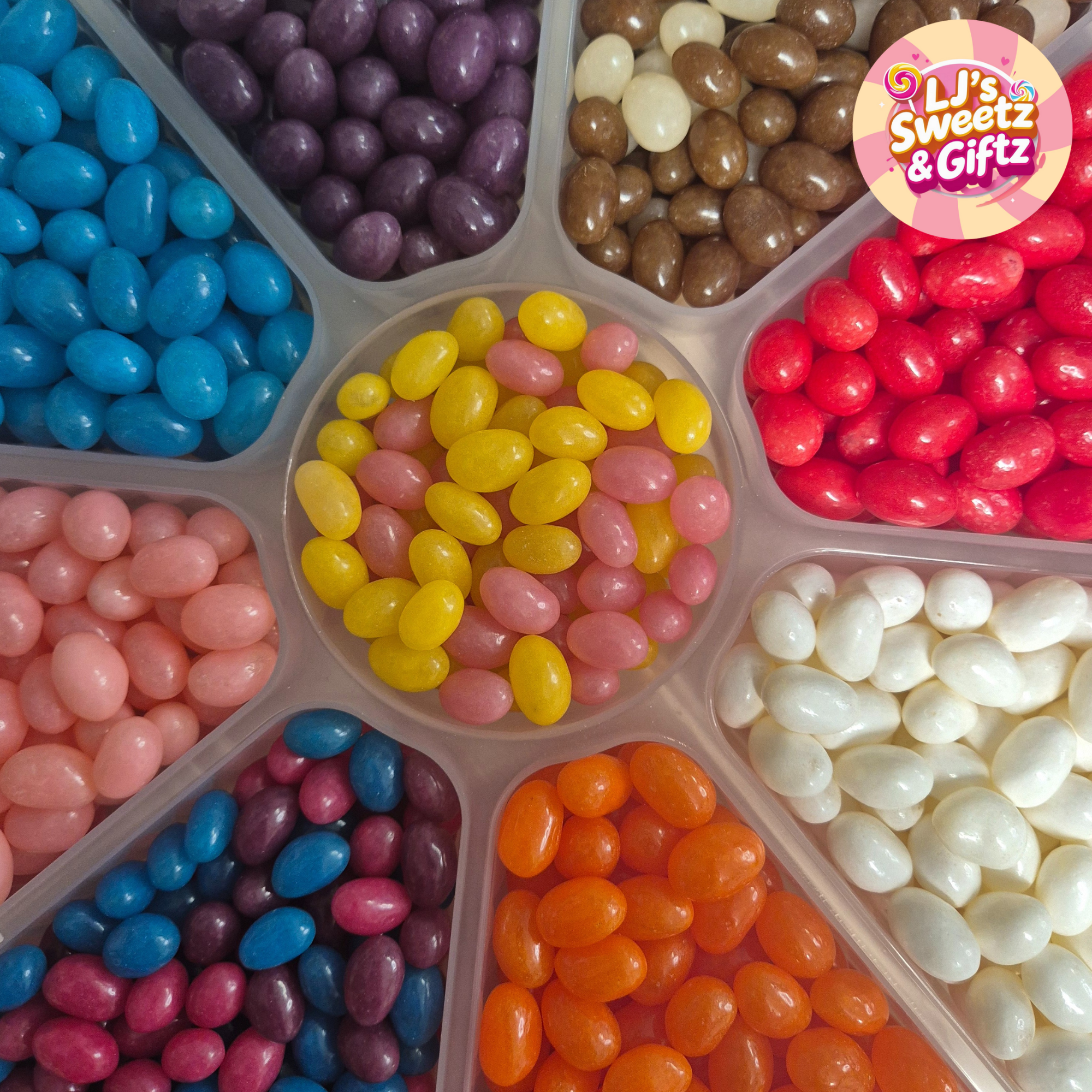 Assorted colorful jelly beans in a divided container with 'LJ's Sweetz & Giftz' logo.