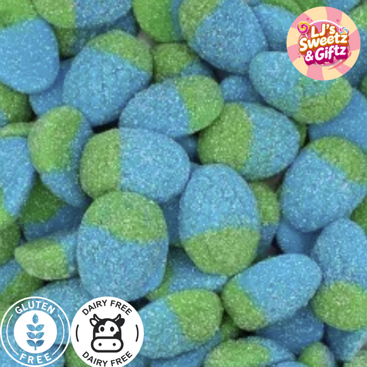 Blue and green gummy candies with 'LJ's Sweetz & Giftz' logo and gluten-free and dairy-free symbols.