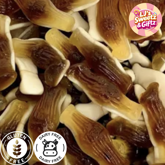 Close-up of Jelly Filled Cola Bottles with 'LJ's Sweetz & Giftz' branding and dietary labels.