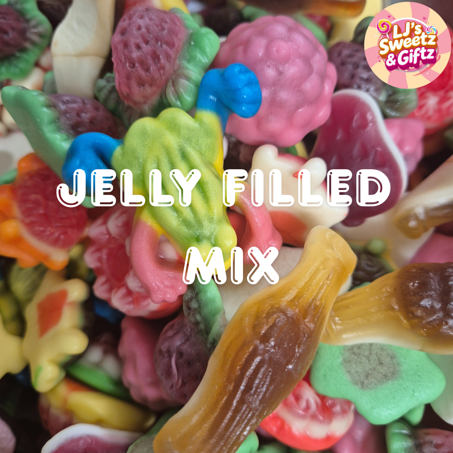Colorful jelly filled mix with 'LJ's Sweetz & Giftz' logo.