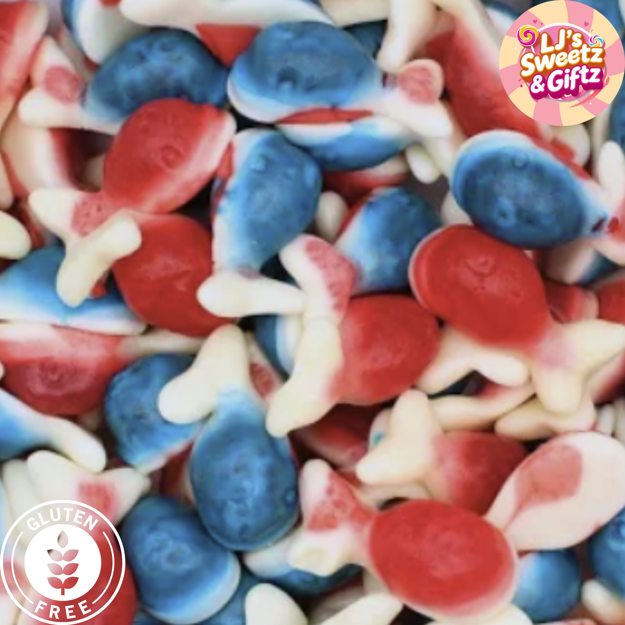 Assorted red, white, and blue candy pieces with 'LJ's Sweetz & Giftz' branding.