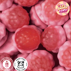 Close-up of pink gummy candies with 'LJ's Sweetz & Giftz' logo and dietary labels.