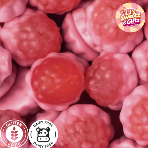 Close-up of pink gummy candies with 'LJ's Sweetz & Giftz' logo and dietary labels.