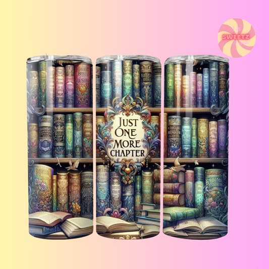 Three cylindrical tumbler designs with bookshelf and book illustrations on a gradient background.