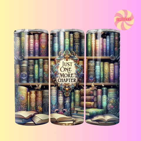 Three cylindrical tumbler designs with bookshelf and book illustrations on a gradient background.