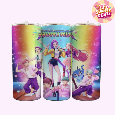 Three colorful tumblers with character designs and 'Huntrix' branding on a white background.