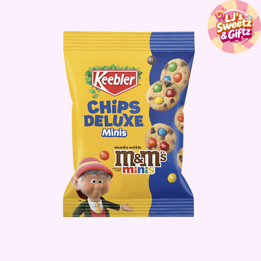 Keebler Chips Deluxe Minis packaging with M&M's on a white background