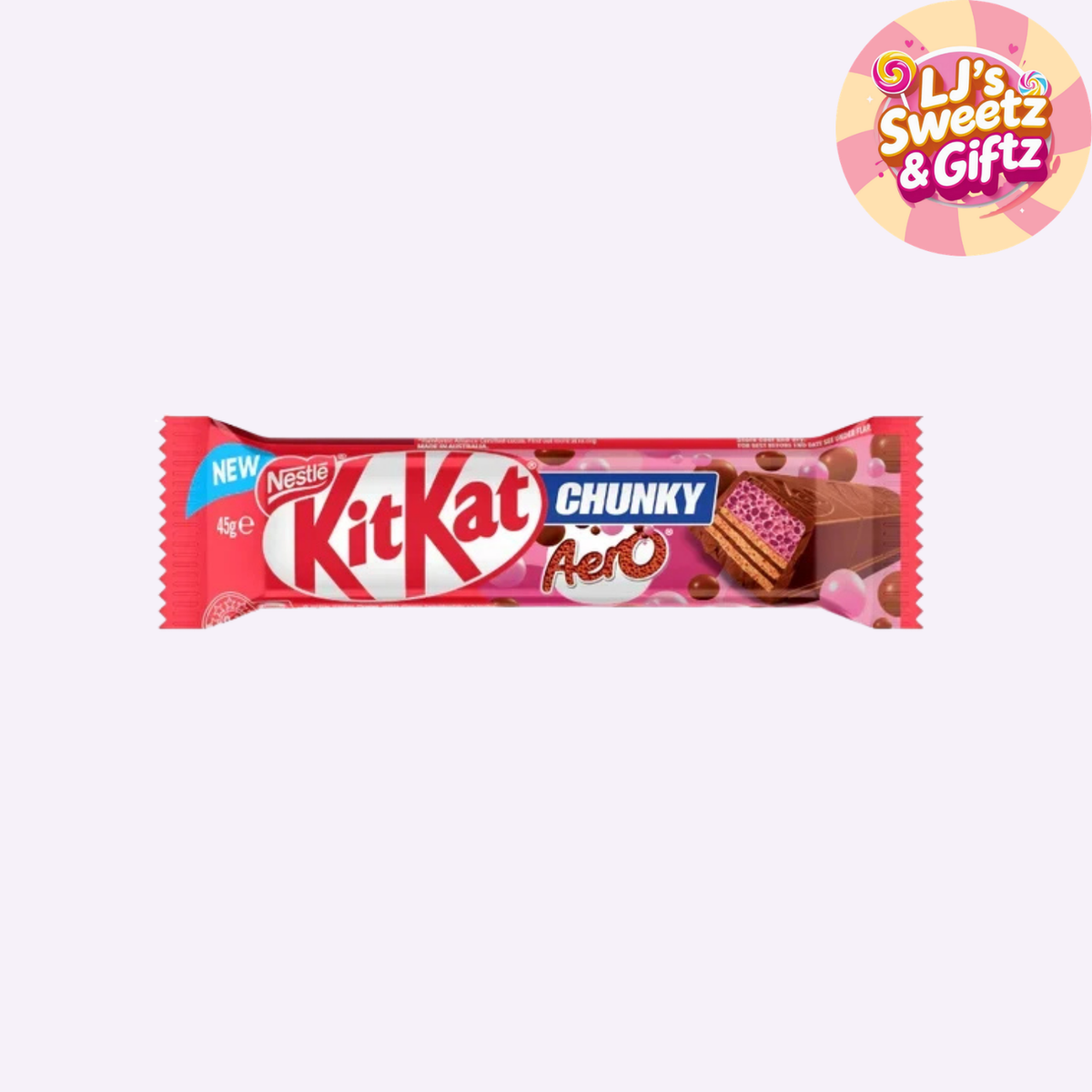 A single KitKat Chunky Aero chocolate bar in its pink wrapper, shown on a plain light background with a 'Li's Sweetz & Giftz' logo in the top right corner.