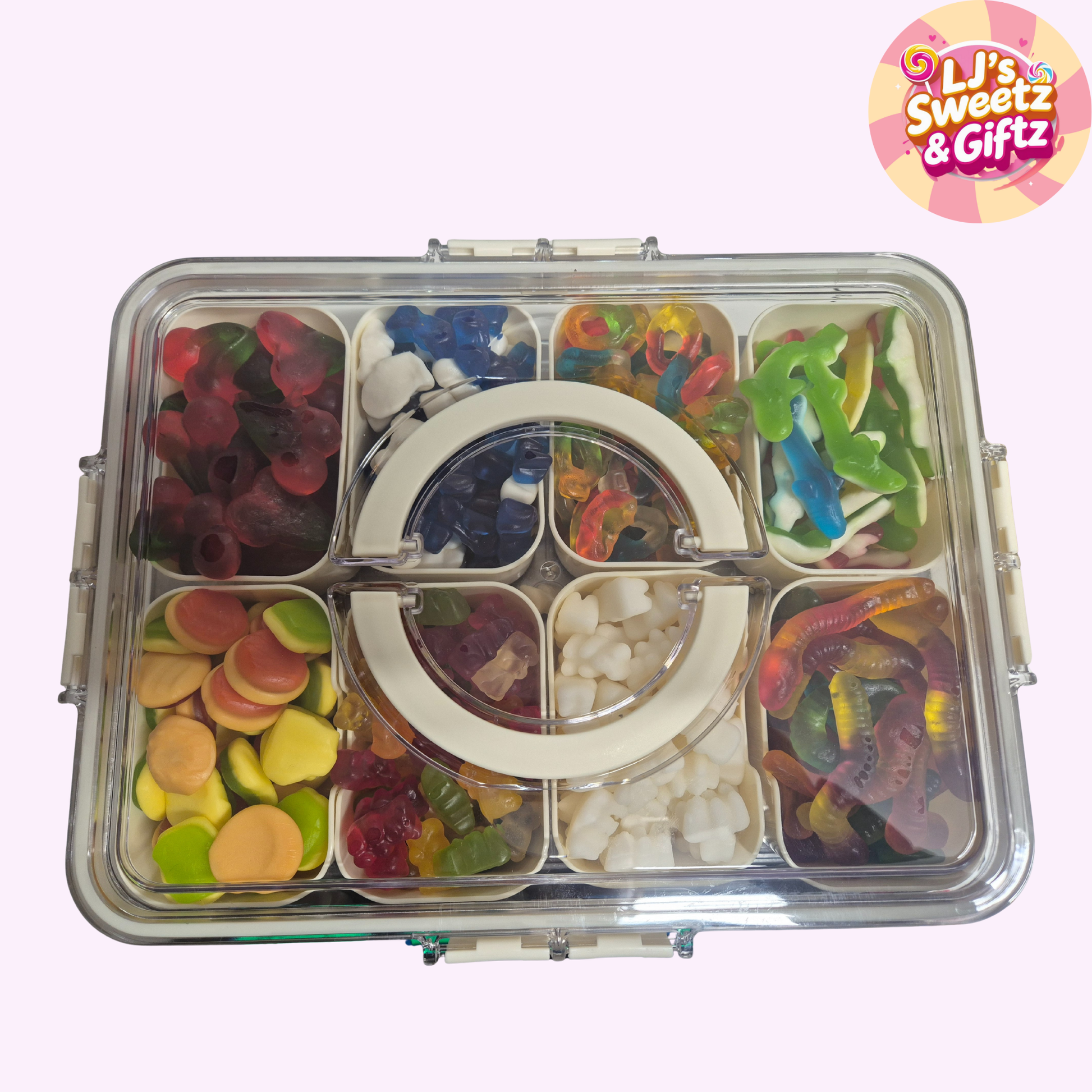 Clear container with compartments filled with colorful gummy candies, branded 'LJ's Sweetz & Giftz'.
