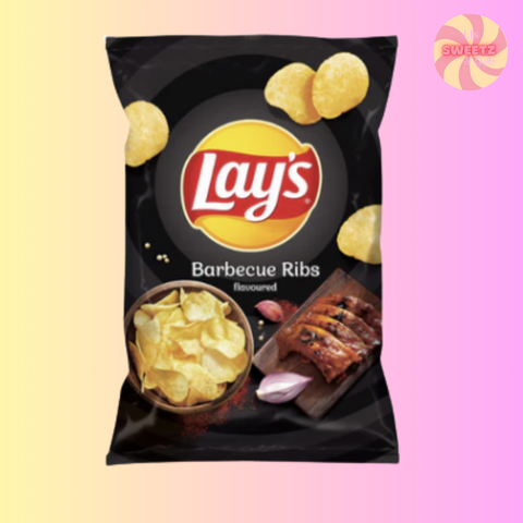 Lay's Barbecue Ribs flavored potato chips packaging on a gradient background