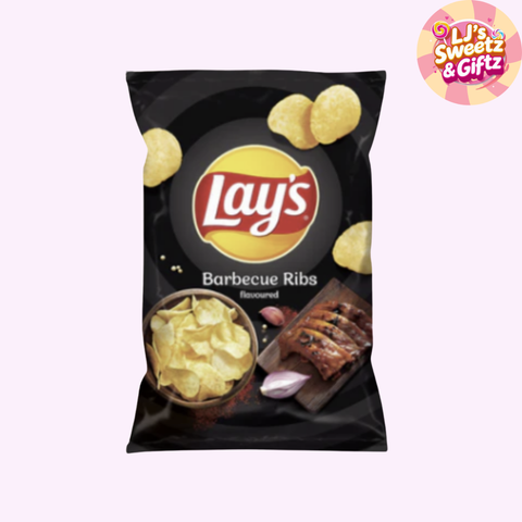 Lay's Barbecue Ribs flavored potato chips packaging on a white background with 'LJ's Sweetz & Giftz' logo.