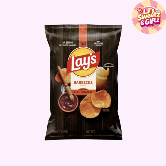 Lay's Barbecue potato chips packaging on a white background with 'LJ's Sweetz & Giftz' logo.