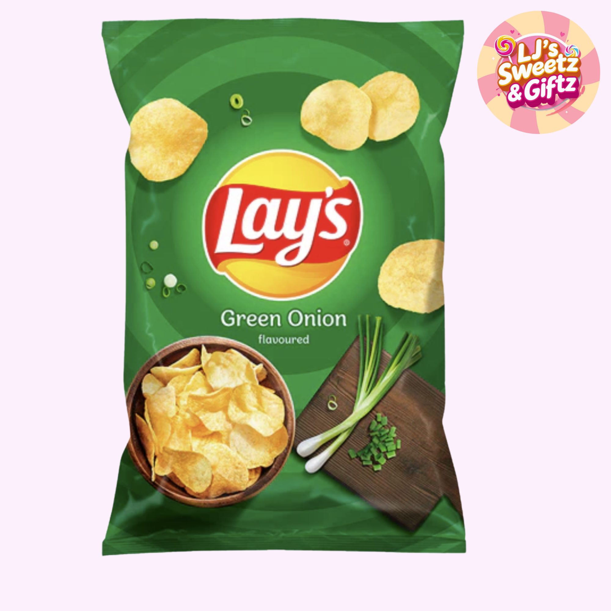 Lay's Green Onion flavored chips packaging with brand logo and product imagery.