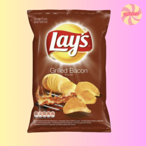 Lay's Grilled Bacon flavored potato chips packaging on a gradient background