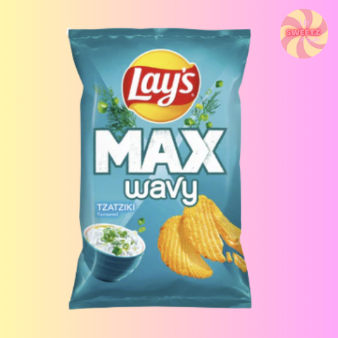 Lay's Max Wavy Tzatziki flavored chips packaging on a pastel gradient background