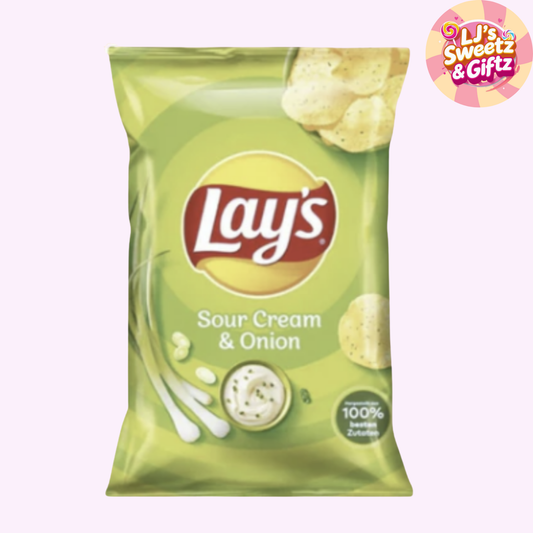 Lay's Sour Cream & Onion flavored chips packaging on a white background