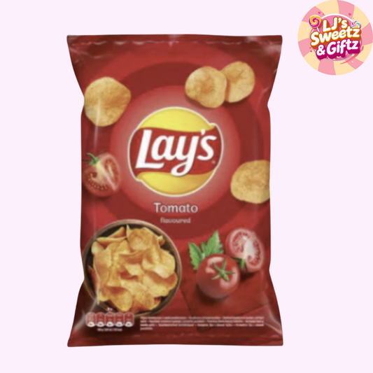 Lay's Tomato flavored chips packet on a white background with 'LJ's Sweetz & Giftz' logo.