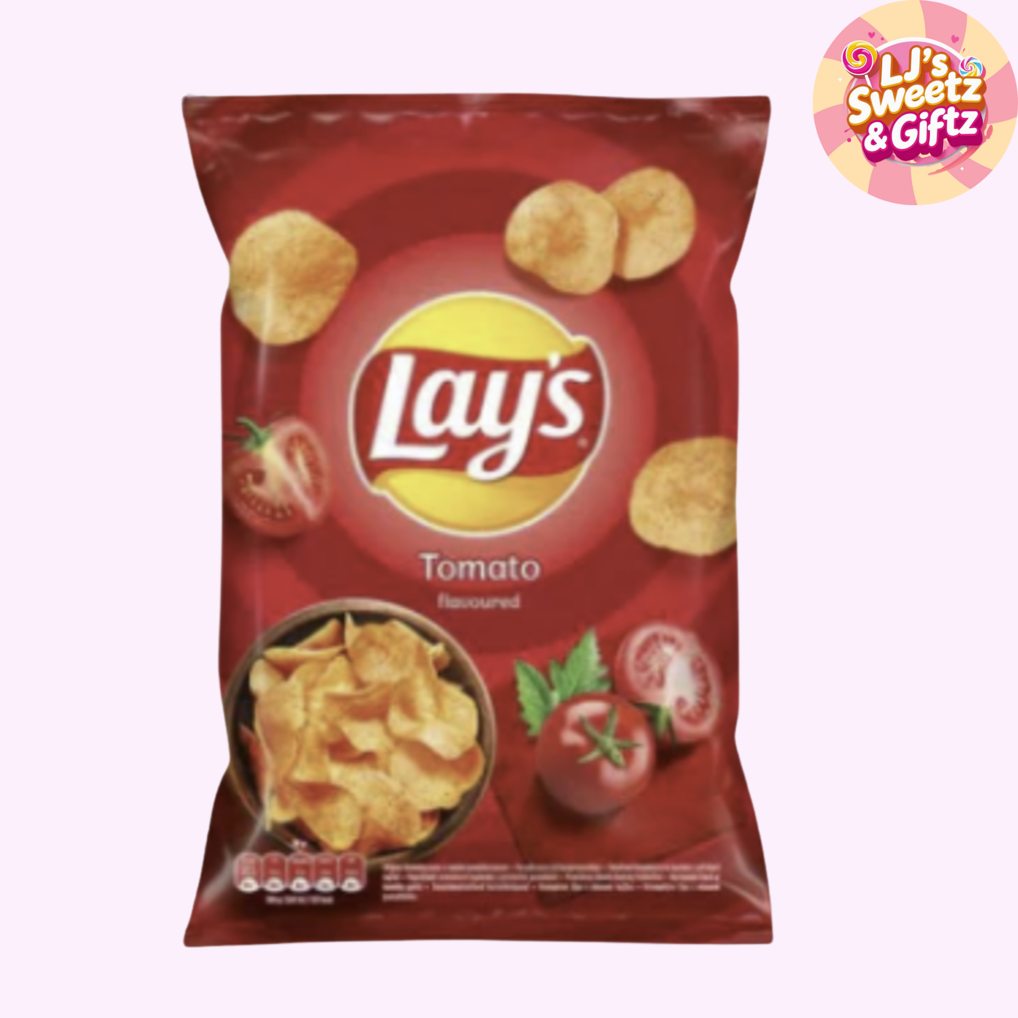 Lay's Tomato flavored chips packet on a white background with 'LJ's Sweetz & Giftz' logo.
